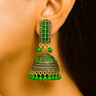 Regal Green Enamel Jhumka Earrings with Antique Gold Finish