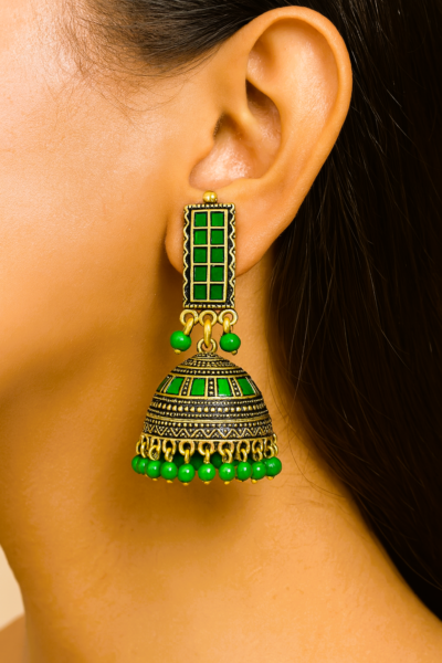 Regal Green Enamel Jhumka Earrings with Antique Gold Finish