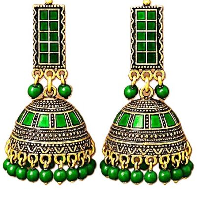 Regal Green Enamel Jhumka Earrings with Antique Gold Finish