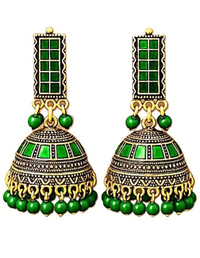 Regal Green Enamel Jhumka Earrings with Antique Gold Finish