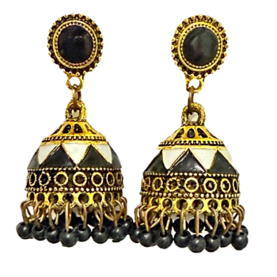 Vintage-Inspired Black & Gold Enamel Jhumka Earrings