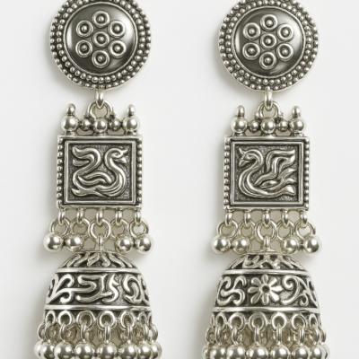 Regal Swan Motif Oxidized Silver Jhumka Earrings