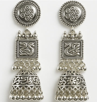 Regal Swan Motif Oxidized Silver Jhumka Earrings