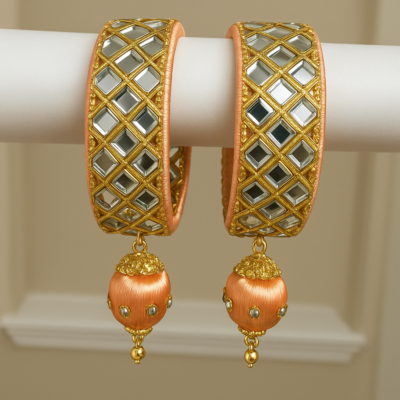 Royal Mirror Kundan Bangles with Peach Drop Charms