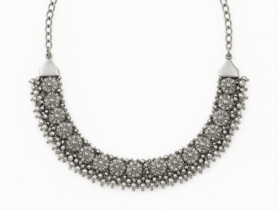 Regal Silver-Tone Floral Choker Necklace