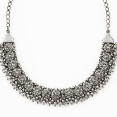 Regal Silver-Tone Floral Choker Necklace