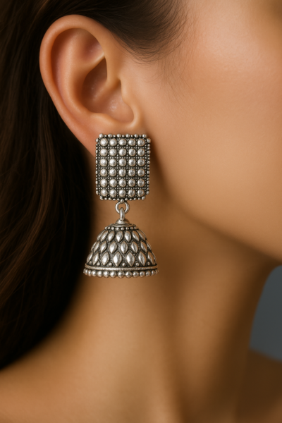 Royal Oxidized Silver Dome Jhumka Earrings