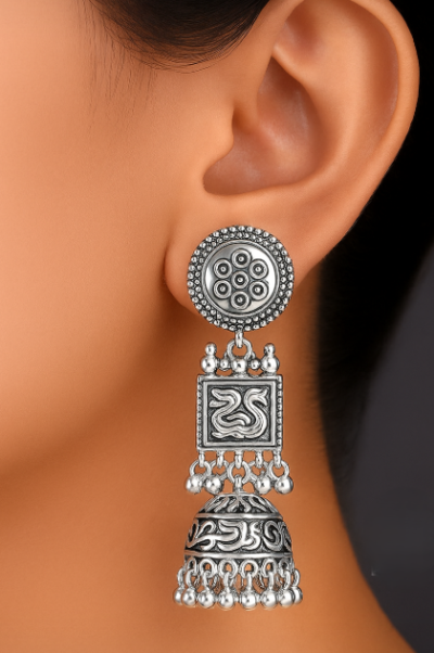 Regal Swan Motif Oxidized Silver Jhumka Earrings