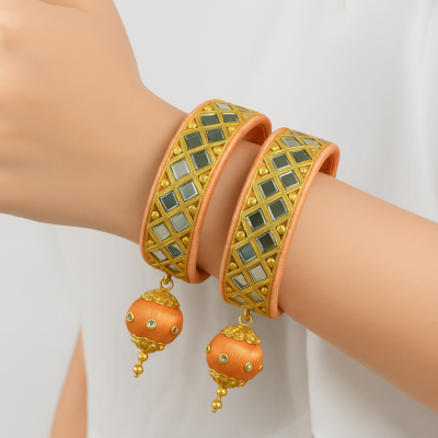 Royal Mirror Kundan Bangles with Peach Drop Charms