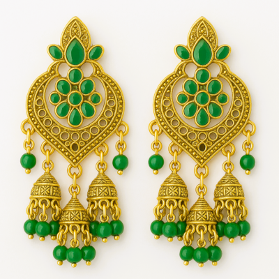 Regal Green Kundan Jhumka Earrings