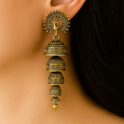 Regal Peacock Dome Jhumka Earrings – Antique Gold Finish