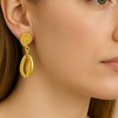 Golden Seashell Ammonite Dangle Earrings
