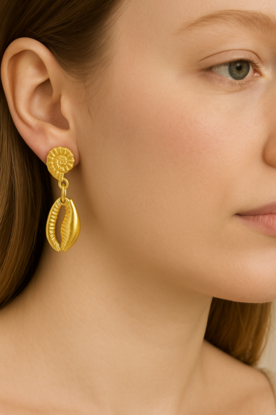 Golden Seashell Ammonite Dangle Earrings