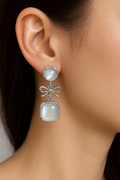 Silver Bow & Moonstone Dangle Earrings